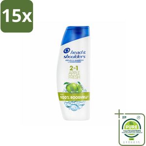 15 x Head & Shoulders - Shampoo - 2-in-1 - Apple Fresh - 100% Roosvrij - 300 ml - Grootverpakking - Anti-Roos Shampoo - Roze Shampoo - Hoofdhuid Verzorging - Haar Shampoo - Apple Fresh