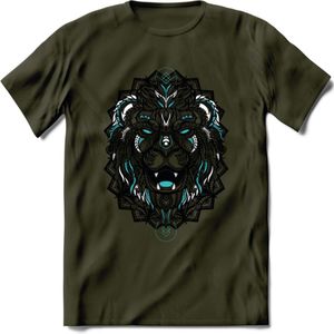 Leeuw - Dieren Mandala T-Shirt | Lichtblauw | Grappig Verjaardag Zentangle Dierenkop Cadeau Shirt | Dames - Heren - Unisex | Wildlife Tshirt Kleding Kado | - Leger Groen - XXL