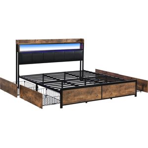 Merax Kunstleer Gestoffeerd Kingsize Tweepersoonsbed 180x200 cm - Bed met Lattenbodem en 4 Lades - Zwart Kunstleder met Hout Bruin