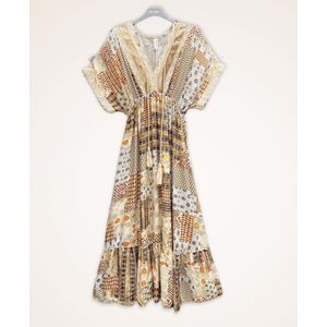 Boho vintage maxi jurk met sierwerk, franjes en hoge talie maat 38-42