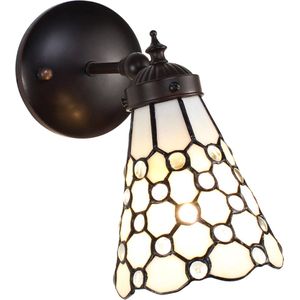 HAES DECO - Wandlamp Tiffany 17x12x23 cm Wit Bruin Glas Metaal Rond Muurlamp Sfeerlamp Tiffany Lamp