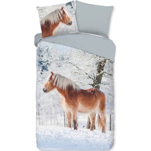Warme flanel kids dekbedovertrek Winter Paard - 140x200/220 (eenpersoons) - vrolijk dessin - heerlijk zacht - huidvriendelijk - donsachtig laagje - hoogwaardige kwaliteit - ideaal tegen kou