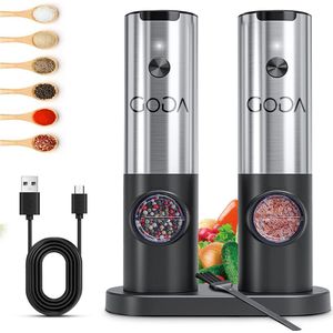 Goga - Peper en Zoutstellen - USB - Oplaadbaar- Elektrisch - Verstelbaar- Zwaartekracht functie -Pepermolen- Zoutmolen- Kruidenmolen - Keukengerei- LED - RVS - Automatisch- Set van 2-Incl. accessoires