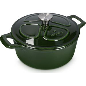 Navaris - Dutch Oven - Gietijzeren Braadpan - Groen - Inhoud 3,5 Liter, Geschikt voor Inductie en Oven tot 260 Graden