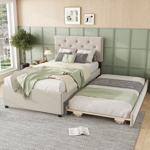 Gutent Gestoffeerde Kinderbedden, Beige(Zonder matras), 90x200 cm, met Lattenbodem, met Onderschuifbed, Fluweel