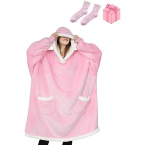 Hoodie Deken - Fleece deken met mouwen + Gratis fleece sokken - Roze Reversible