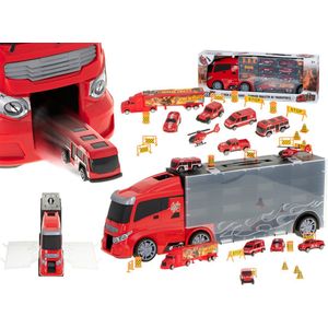 20 delige Brandweer truck vrachtwagen met auto opberger en launcher 57cm rood - speelgoedauto - speelgoed - speelset