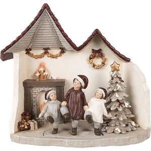 Clayre & Eef Kerstdecoratie met LED-verlichting Huis 24x10x22 cm Grijs Polyresin