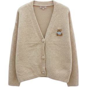 Taupe Vest Teddy Bear - Trendy V Hals Vesten - Fashion Dames Vesten met Knopen - Beertjes Print - One size - Taupe