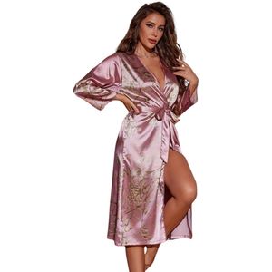 Livano Satijnen Badjas Dames - Kimono - Kamerjas - Satijn - Ochtendjas - Pyjama - Roze - Maat L