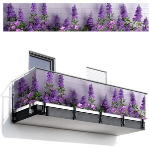Balkonscherm 500x100 cm - Balkonposter Bloemen - Planten - Paars - Groen - Wit - Balkon scherm decoratie - Balkonschermen - Balkondoek zonnescherm