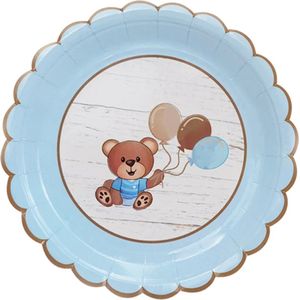 Bordjes We can Bearly Wait blauw, bruin en beige - babyshower - geboorte - genderreveal - bord - beer - bearly - baby