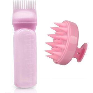 Wortelkam Applicator Fles, Hoofdhuid Massager Shampoo Borstel + Knijp Kam Applicator Fles met Gegradueerde Schaal Hoofd Ontspanning Tools voor Thuis Salon Kam Applicators