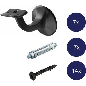 Trapleuning Houder Zwart - Keilbout Bevestiging - Hol Zadel - 7 stuks - 3501-70 - Inclusief Bevestigingsmateriaal