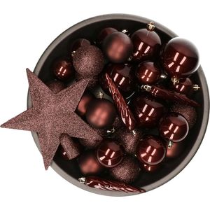 Decoris Kerstballen met piek - 33st - kunststof mahonie bruin 5-6-8cm