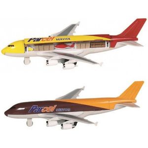Speelgoed vliegtuigen setje van 2 stuks bruin en geel 19 cm - Vliegveld spelen voor kinderen