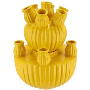 Supervintage aardewerk tulpen vaas geel bestaande uit 2 delen met 11 halzen - 24 x 31 cm L