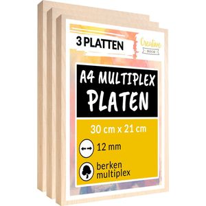 Creative Deco 3 x A4 multiplex plaat 12mm | 300 x 210 mm | berken multiplex laser-geschikt dun hout blanks | perfecte plaat voor lasergraveren, lasersnijden, fretwork, pyrografie, CNC router
