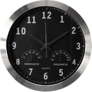 Perel Wandklok, rond, analoog, 35,5 cm, radiogestuurde tijdsaanduiding (DCF), met thermometer en hygrometer, aluminium, zilver