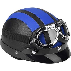 Motorhelm, leer, open vizier, veiligheidsbril, 54-60 cm, blauw