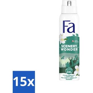 15 x Fa - Deodorant Spray - Scenery Wonder - Houtachtig & Jasmijn - 48 uur Bescherming - 150 ml - 48 Uur Bescherming - Anti-transpirant - Frisheid - Geurverwijdering