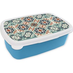 Broodtrommel Blauw - Lunchbox - Brooddoos - Bloem - Ornament - Patroon - 18x12x6 cm - Kinderen - Jongen