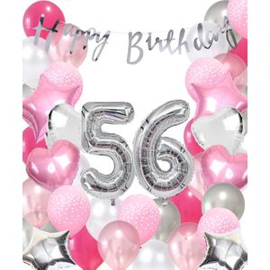 Snoes Ballonnen 56 Jaar Pink Blush Silver Mega Ballon - Compleet Feestpakket 56 Jaar - Verjaardag Versiering Slinger Happy Birthday – Folieballon – Latex Ballonnen - Helium Ballonnen - Zilver en Roze Verjaardag Decoratie