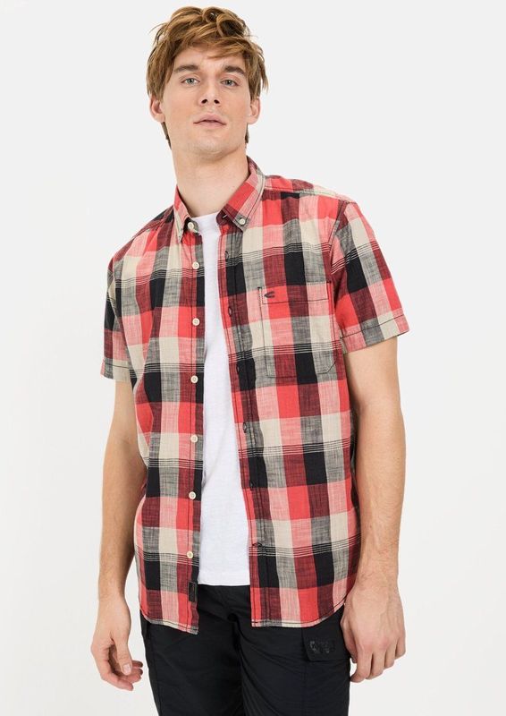camel active - Geruit Kort Mouw Shirt - Rood - 100% Katoen