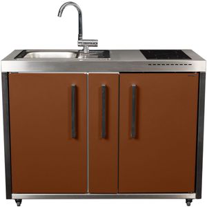 Minikeuken BeNeLux Stengel MO120 A voorgemonteerde metalen outdoor keuken met koelkast - inductie kookplaat - water en electriciteits aansluiting inclusief alle toebehoren Lava Bruin