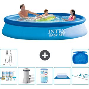 Intex Rond Opblaasbaar Easy Set Zwembad - 366 x 76 cm - Blauw - Inclusief Onderhoudspakket - Zwembadfilterpomp - Filter - Grondzeil - Schoonmaakset - Ladder - Voetenbad