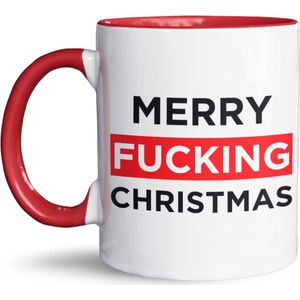 NietMokken.nl - Merry Fucking Christmas Mok - Grappige Kerstmok - Beide Zijden Bedrukt - Vaatwasser- en Magnetronbestendig - Keramische Beker - 325 ml - Origineel Cadeau voor Kersthaters - Rode Variant