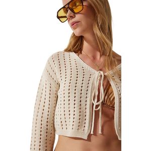 Happinessistanbul Crème Opengewerkt Gebreid Bolerovest Voor Dames Pf00074