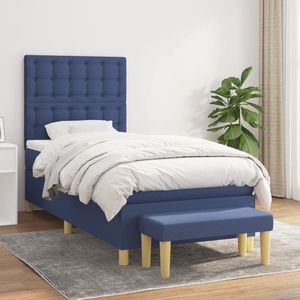 The Living Store Boxspringbed - Blauwe stof - 193x90x118/128 cm - Duurzaam materiaal - Verstelbaar hoofdbord - Pocketvering matras - Middelharde ondersteuning - Huidvriendelijk topmatras - Multifunctioneel bankje - Inclusief montagehandleiding