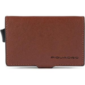 Piquadro Black Square Double Creditcard Case With Sliding System Tobacco Leather