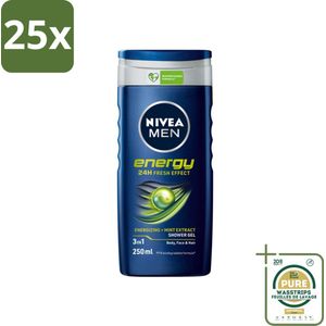 25 x Nivea - Men - Energy Douchegel - Langdurig Fris Gevoel - 250 ml - Grootverpakking - Nivea Men Energy Douchegel - 2-in-1 Douchegel - Body And Hair - Mint Extract - Energie Boost