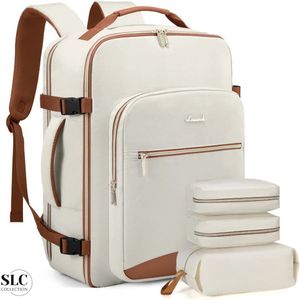 SLC Collection – Rugzak - 4 Delige Set - 40 Liter - Koffer - Beige - Bruin - Dames - Heren - Reistas - 17 inch Laptop Tas - Handbagage - Kledingtas - Schoenentas - Toilettas - 45x20x35cm - Backpacken - Reizen - Vliegtuig - Werk - Camping
