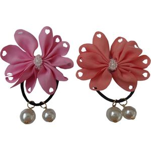 Jessidress Elastiekje Haar elastieken met strikjes en parels - Roze/Oranje