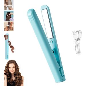 Mini 2-in-1 Krultang & Stijltang - dubbele functie - Draagbare reiskrultang - kleine haarstijltang - Nieuwe mini krultang - USB-interface, plug-and-play - krultang en stijltang reizen voor alle haartypes - Reisformaat - Blauw