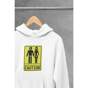 Hoodie - Caution - Wurban Wear | Grappige hoodie | Leuk cadeau | Unisex hoodie | meme | Meme kleding | Viespeuk | Grappige kleding | Grappige trui | Dubbelzinnige kleding | Wit & Zwart