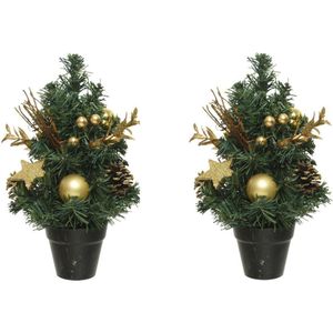 2x stuks mini kunst kerstbomen/kunstbomen met gouden versiering 30 cm - Miniboompjes/kleine kerstboompjes