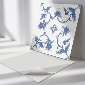 Wallfluent Vinyl Wandpaneel - Achtergrond met bloemenpatroon Zelfklevend Wandpaneel - 50 cm x 50 cm - Blauw PVC wandpaneel - Set van 4 - Vierkant Wandbekleding Vinyl - Bloemen en planten Wandpaneel - PVC Muurpaneel - Wandpaneel Keuken en Badkamer