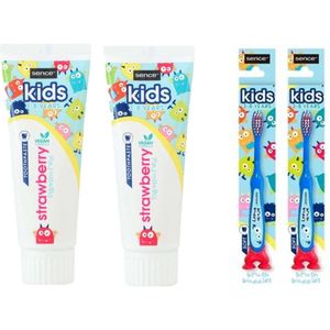 Sence Tandpasta Kids Aardbei - 2 x 75 ml & 2 Sence Kindertandenborstels Brush Bunnies - Voordeelpakket