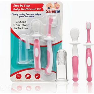 Sanitral Baby's First Toothbrush Kit - Stap voor stap tandenborstelset 0-2 jaar - Veiligheidsgetest en BPA-vrij 3-pack (vinger-tandenborstel voor baby's, siliconen tandenborstel voor baby's en peutertandenborstel) - Roze