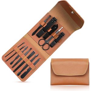 Manicure en pedicure set 12-delig roestvrij staal met PU lederen tas - Draagbare nagelverzorgingsset voor op reis (zwart)