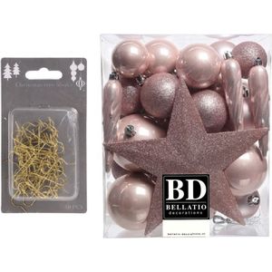 33x stuks kunststof kerstballen 5, 6 en 8 cm lichtroze inclusief ster piek en kerstbalhaakjes - Kerstversiering - Onbreekbaar