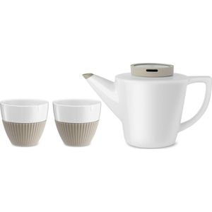 Viva Scandinavia - Infusion Theepot - Porselein - Incl. 2 Mokjes - Set van 3 Stuks - Wit/Khaki