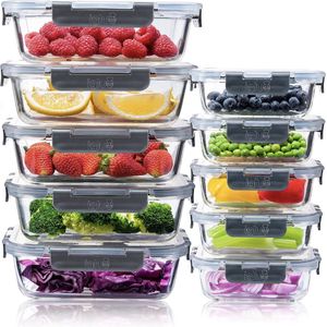 Glazen voedselopslagcontainers, verpakking van 10, voedselcontainers Glas met kliksluiting en lekvrij deksel Magnetronbestendig BPA-vrij (10 dozen en 10 deksels) 1050 ml en 370 ml