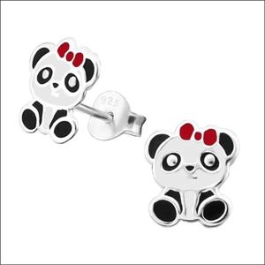 Aramat jewels ® - Kinder oorbellen panda met strik 925 zilver paars wit zwart 7mm x 9mm
