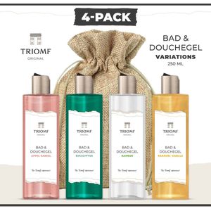 Triomf Original - Bad & Douchegel Deluxe - 250 ML - 4-Pack - Appel Kaneel - Eucalyptus - Bamboe - Karamel Vanille - Giftset Showergel Variations - 4 x Douche Gel - Gift voor hem en haar - Cadeau Set Badkamer - Wellness Cadeaupakket - Sauna - Badkamer