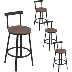 FURNIBELLA -Barkruk Set van 4 – Ronde Barstoelen met Rugleuning, Metalen Frame en Voetensteun, Donkere Houtlook